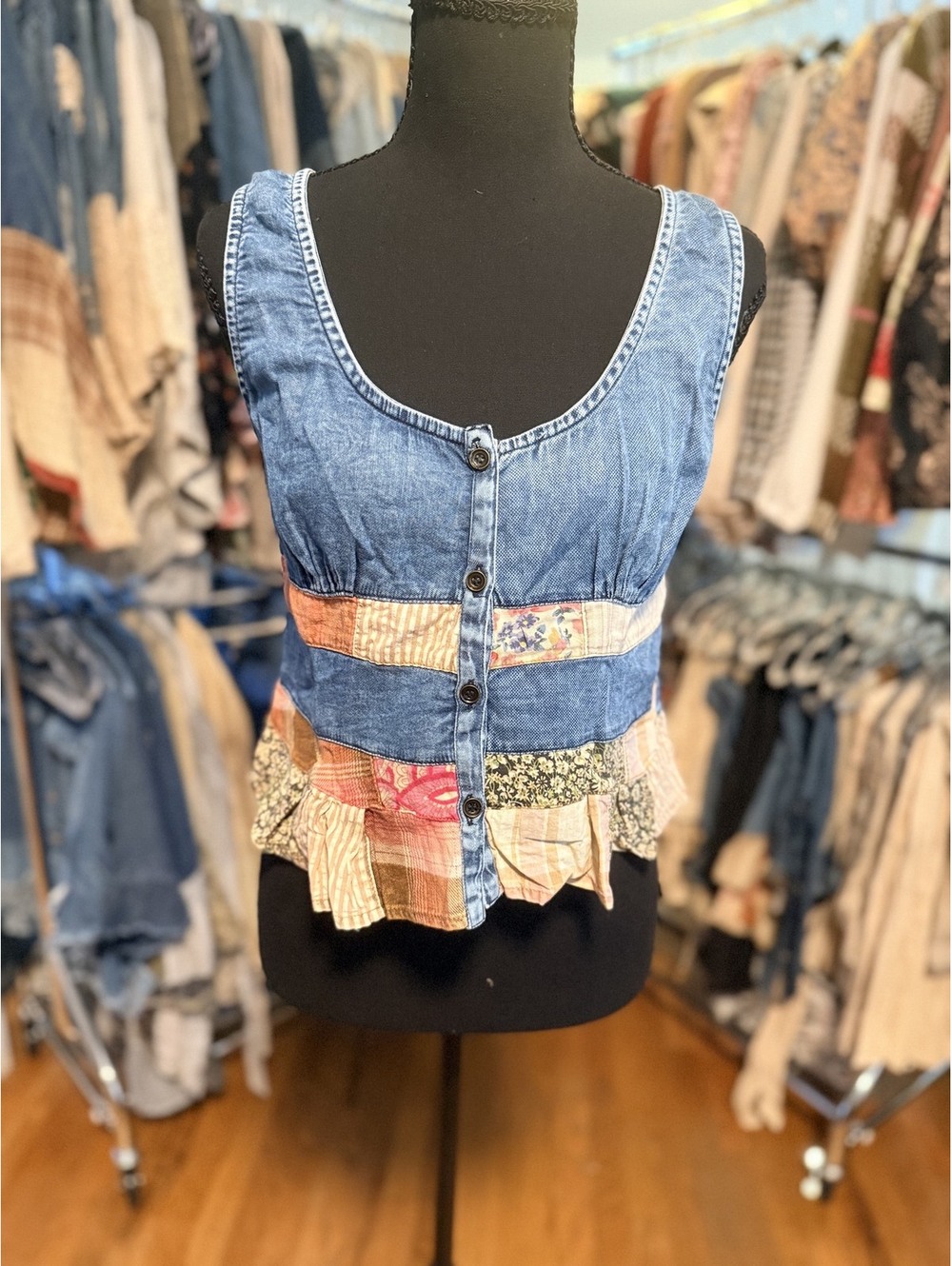 YOUNG THREADS Smocked Denim Patchwork Tank Denim NWT S
